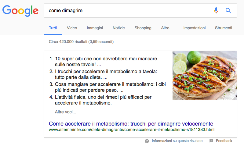 featured snippet di elenco