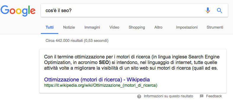 featured snippet di paragrafo